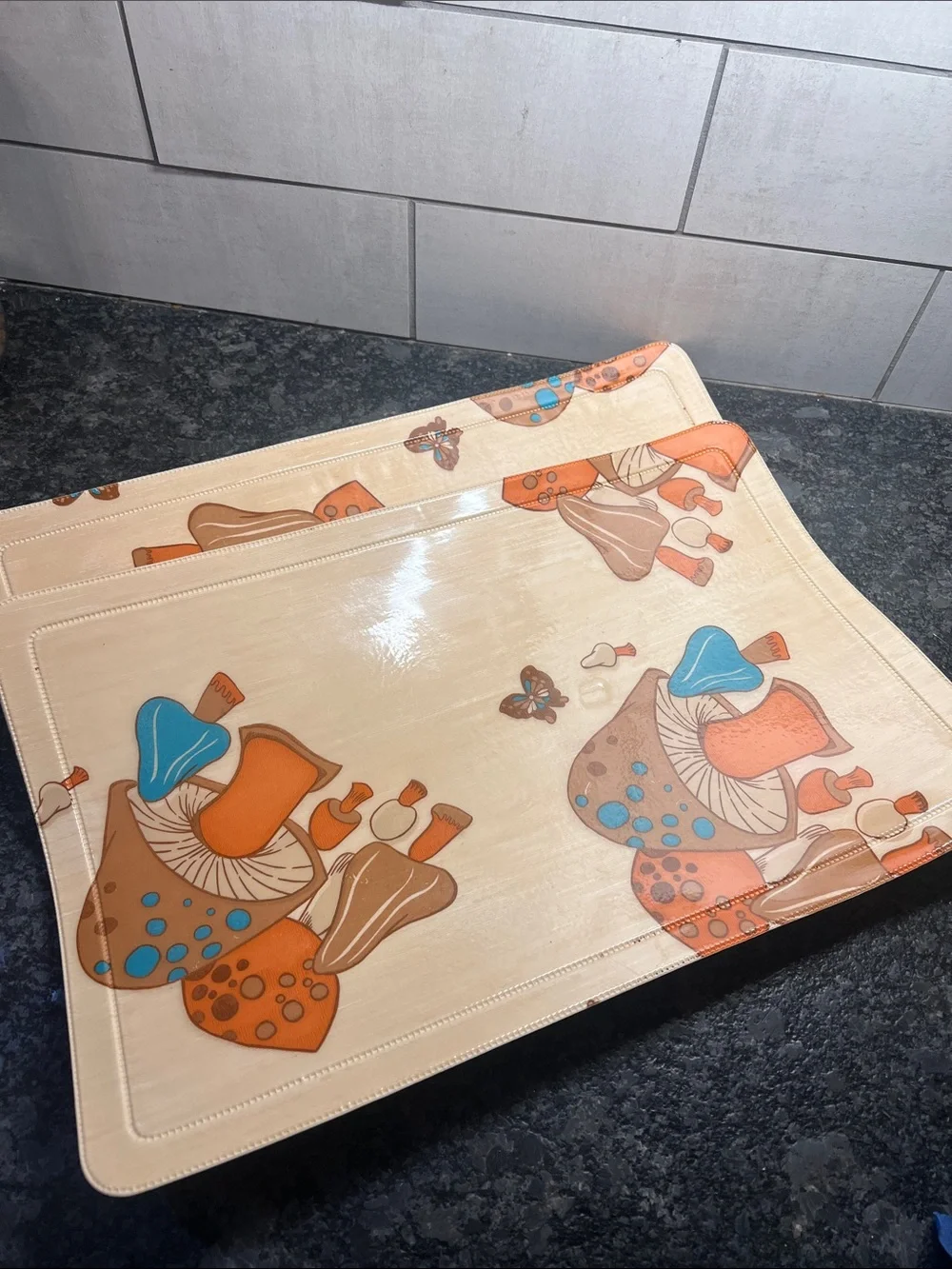 Vintage Mushroom Print Vinyl Placemat Set - Orange, Blue, Tan set of 2. MCM
